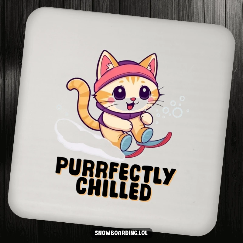 Funny cat snow zoomie drink coaster featuring a cat speeding downhill, protecting surfaces with feline humor.