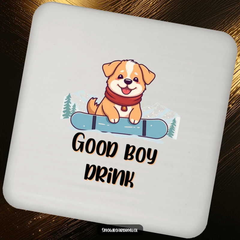 Funny Content Dog Snowboarder Coasters: A set of coasters featuring a relaxed dog sitting on a snowboard at the mountain top.