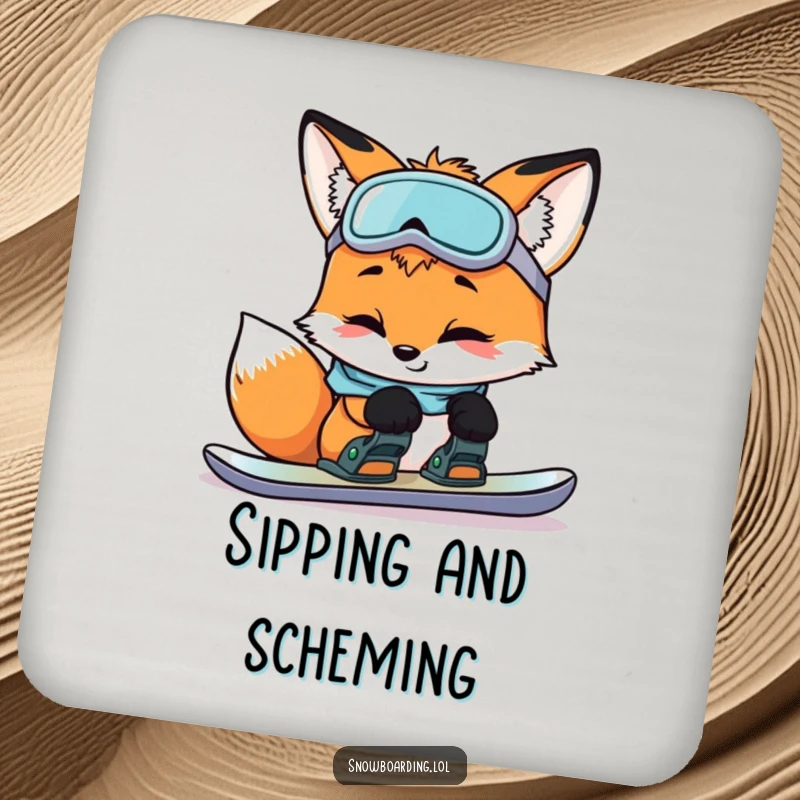 Funny curious fox inspecting snowboard bindings with a smile, a humorous coaster design for clever surface protection.