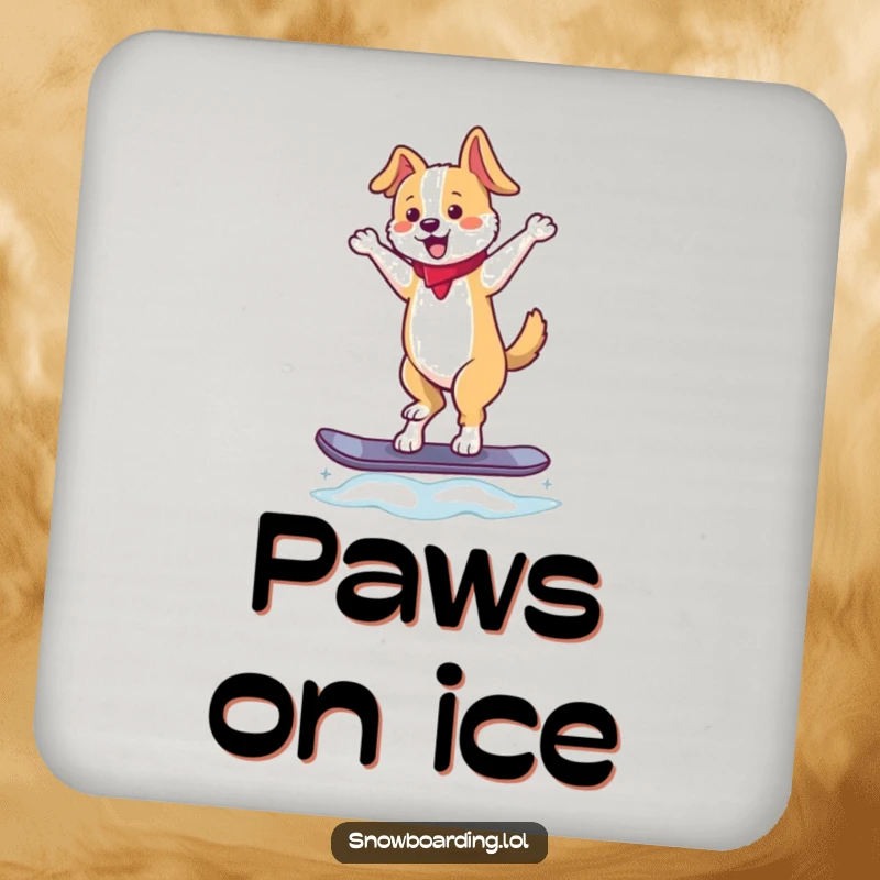 Funny drink coasters set featuring a dancing dog balancing on a snowboard, tail wagging, adding a humorous and protective touch to tables.
