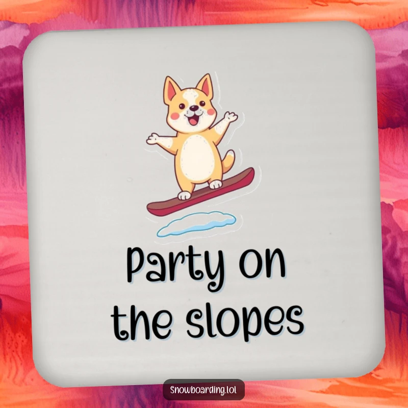 Funny drink coaster with a happy, dancing dog balancing on a snowboard, its tail wagging with joy.