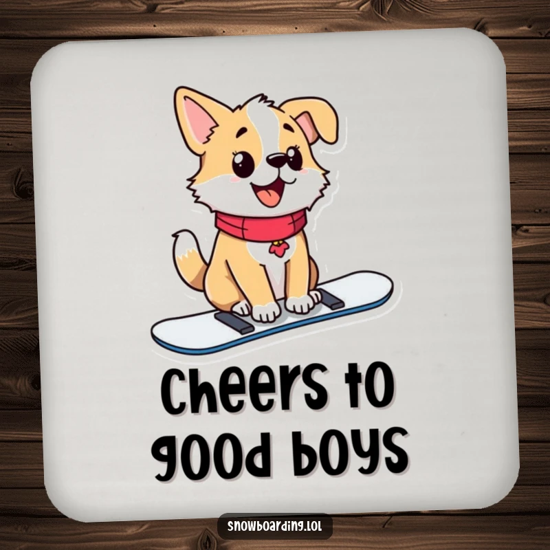 Funny drink coaster with a proud dog sitting upright on a snowboard, tail wagging happily.