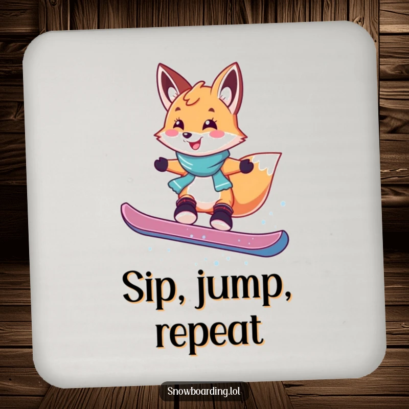 Funny drink coasters featuring a smiling fox mid-air, performing a playful snowboard jump, adding humorous protection to any table.
