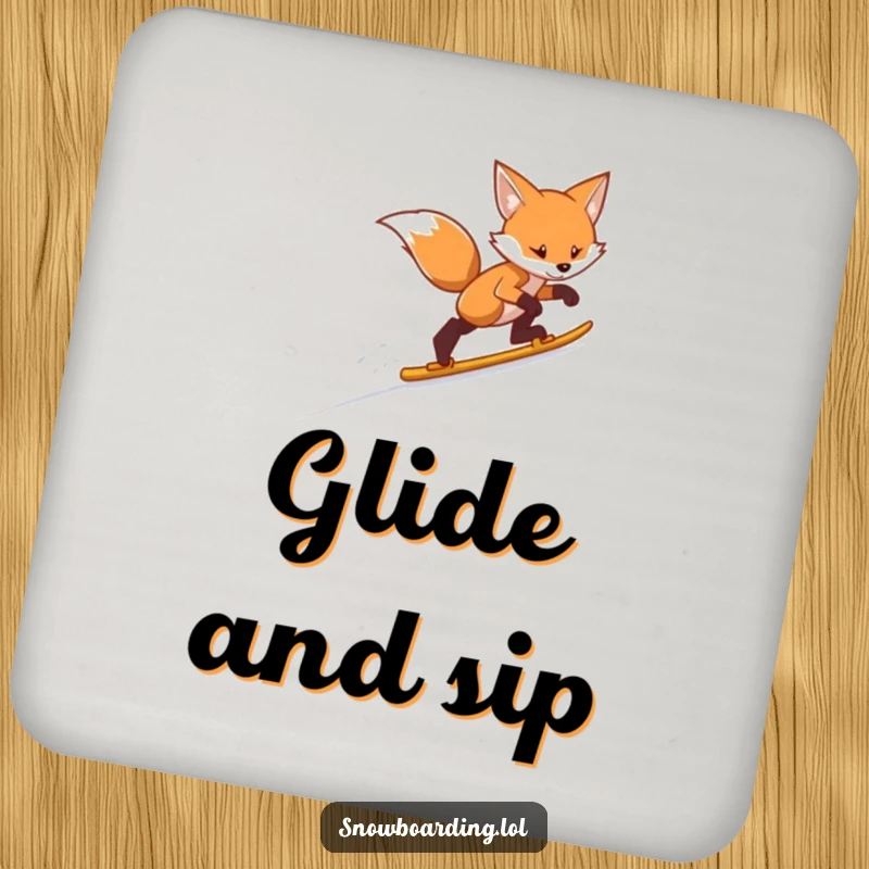 Funny fox skiing drink coaster, depicting a determined fox on a swift snowy descent, protecting your table.
