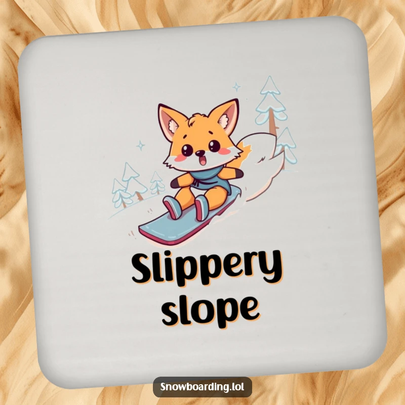 Funny fox drink coaster, a surprised animal comically tumbling down a snowy mountain. Protecting furniture. Humorous accessory.