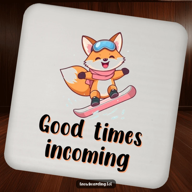 Funny happy fox attempting a flip on a snowboard on a drink coaster.