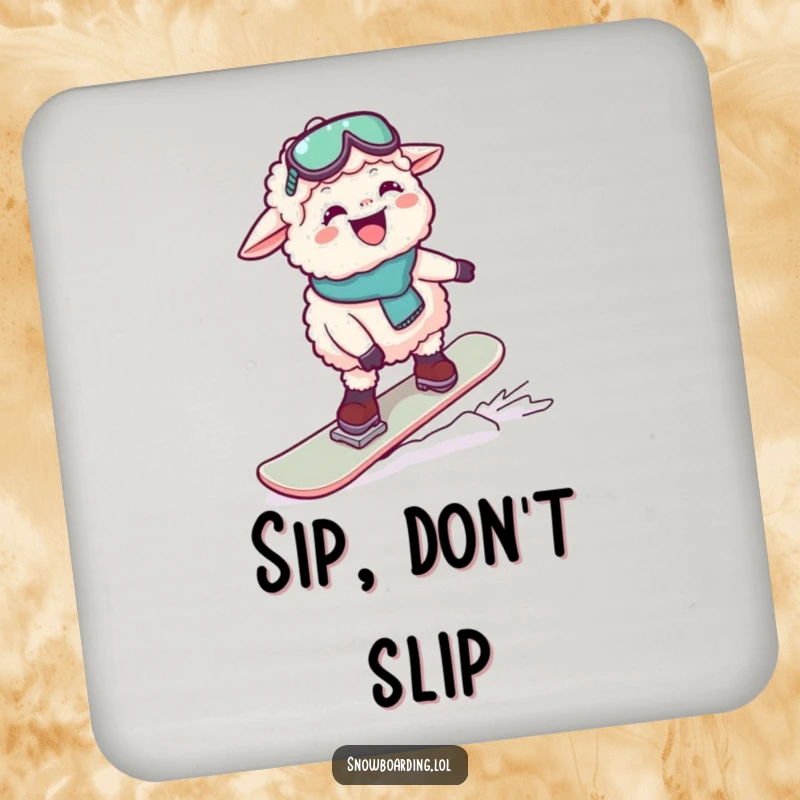 Funny drink coaster showing a sheep hilariously wiping out while snowboarding. Protects furniture.