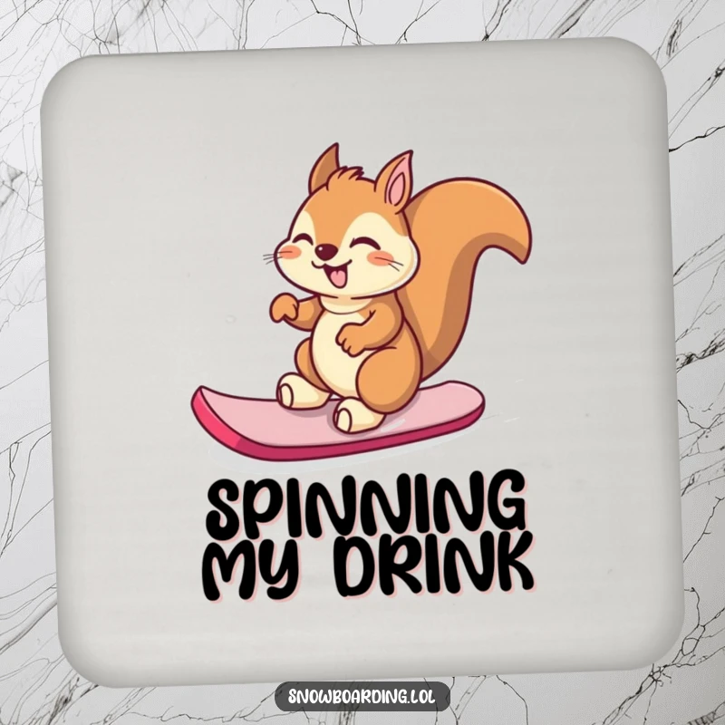 Funny giggling squirrel spinning on its snowboard on a drink coaster, humorous and protective.
