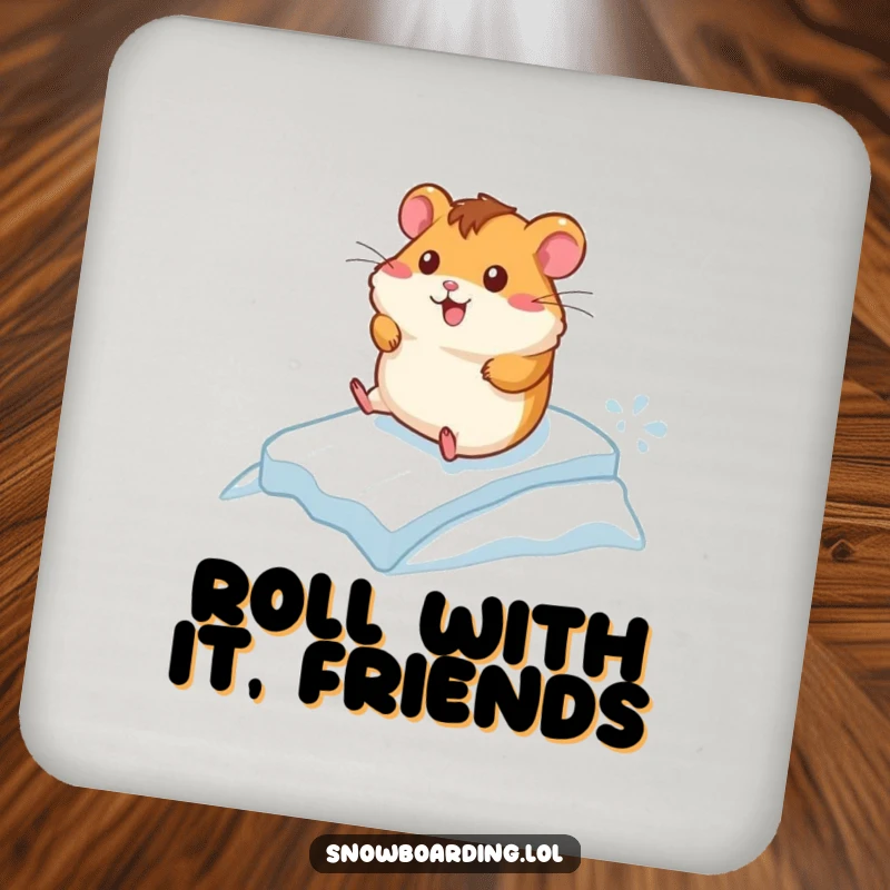 Funny drink coasters featuring a cheerful hamster racing down a small icy incline, adding a touch of speedy, playful decor.