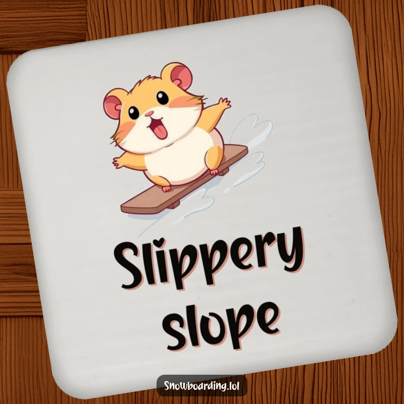 Funny drink coaster with a surprised hamster comically tumbling down a snowy slope on a snowboard, offering protection with humorous art.