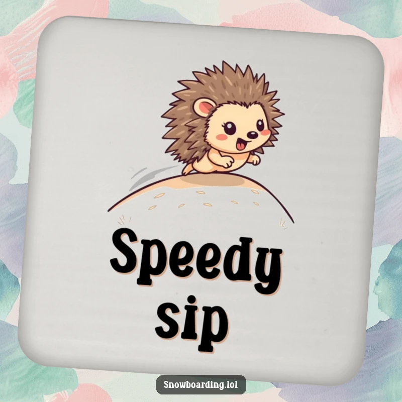 Funny Drink Coasters: A happy hedgehog zooms down a hill, protecting tables with speed-themed humor.
