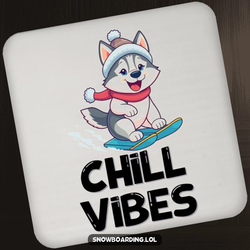 Funny husky drink coaster, a cheerful dog snowboarding, protecting furniture. A humorous home accessory.