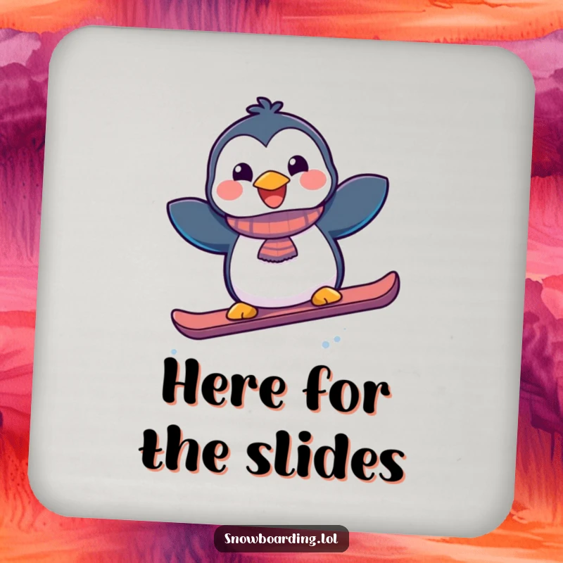 Funny joyful penguin snowboarder drink coaster, protecting surfaces with a playful winter theme.