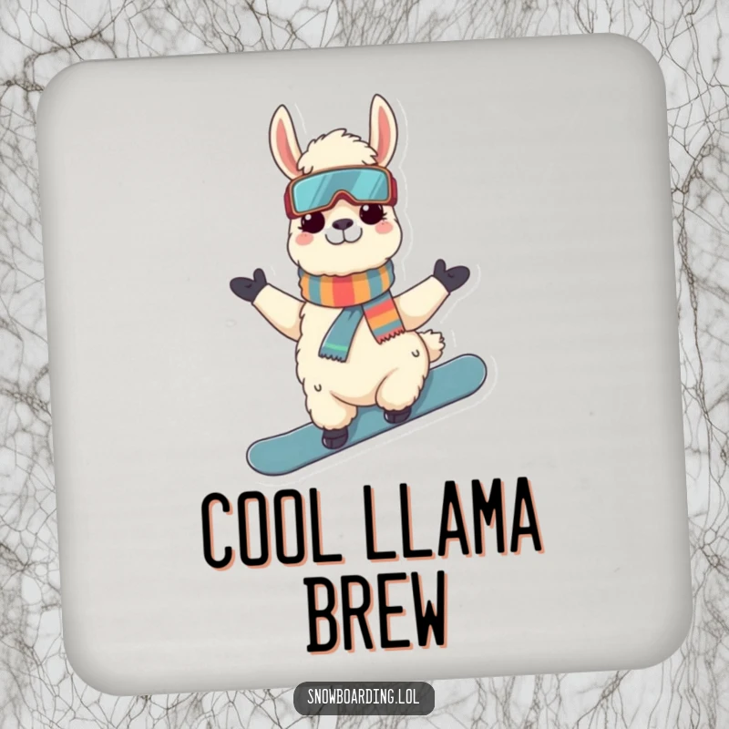 Funny Llama Snowboarder Coasters: Set of coasters featuring a cool llama on a snowboard, protecting surfaces with humor.