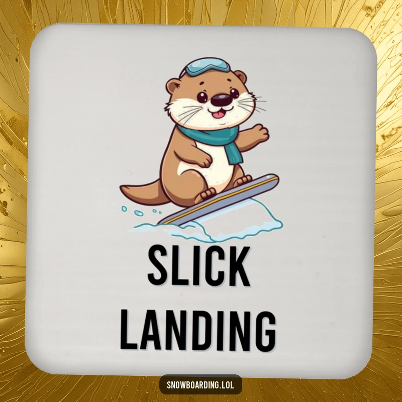 Funny Drink Coasters: A proud otter lands a snowboard jump, protecting tables with winter sports humor.