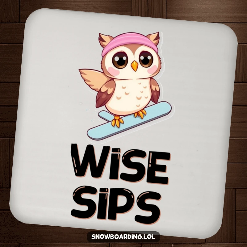 Funny drink coaster featuring a beaming owl, eyes wide, snowboarding downhill, protecting surfaces with humor.