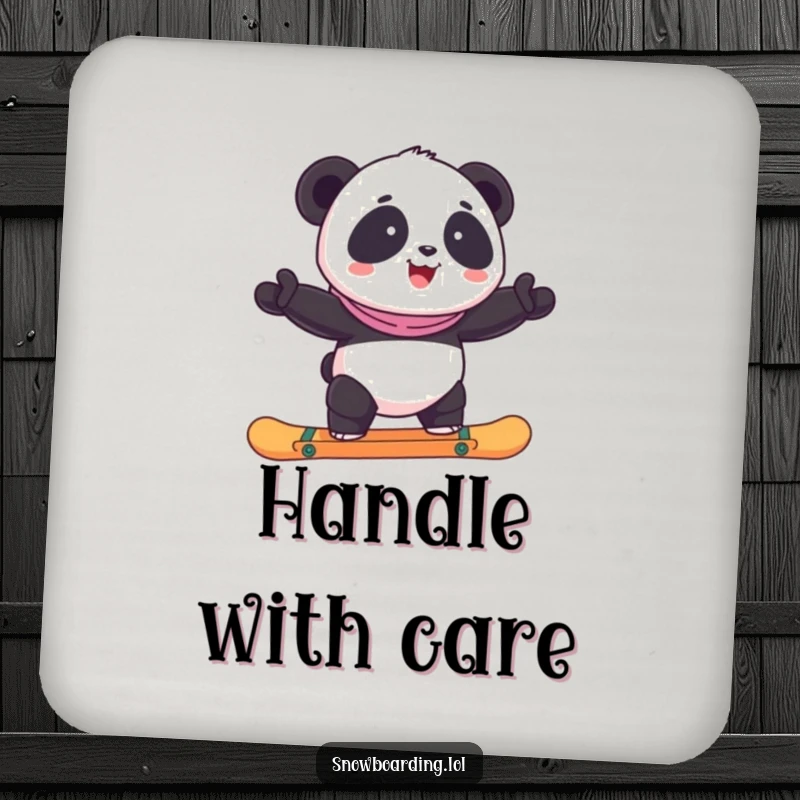 Funny panda balancing on a snowboard, designed as a protective and humorous drink coaster.