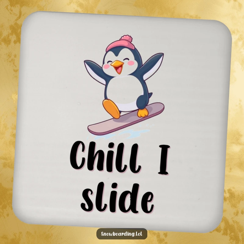 Funny Penguin Snowboard Coaster: A penguin attempting a snowboard jump with arms flailing, symbolizing winter fun.
