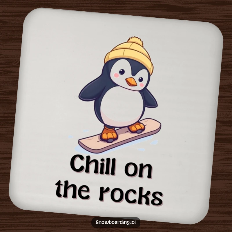 Funny drink coasters showing a curious penguin wobbling on a snowboard, adding a humorous, wintry touch to any table setting.