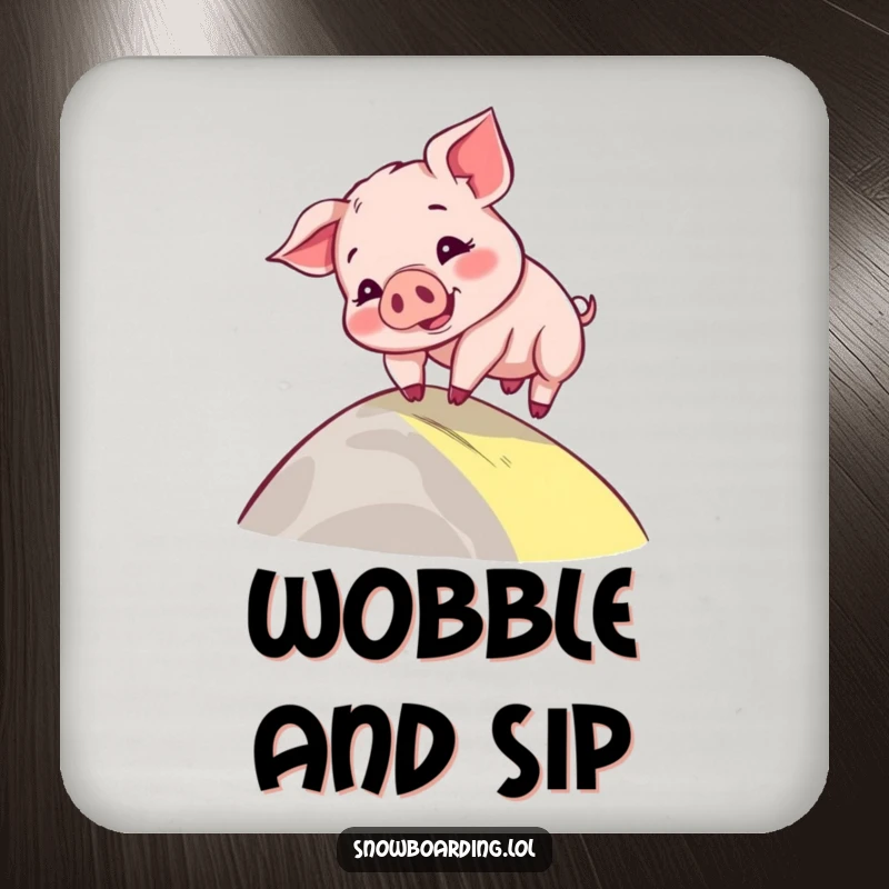 Funny drink coaster featuring a playful piglet comically wobbling down a slope, a cartoon character adding cute protection.