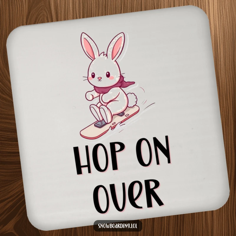 Funny drink coasters set featuring a playful bunny snowboarding with its fluffy tail trailing, offering cute and humorous table protection, a charming gift.