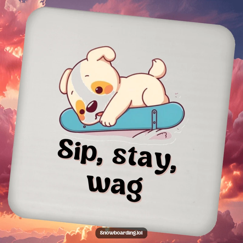 Funny puppy hilariously falling off a snowboard, depicted on coasters for charming surface protection.