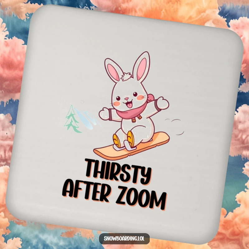 Funny rabbit snowboarding coaster, a cheerful rabbit in full zoom on a snowboard down a mountain, ready to guard your drink.