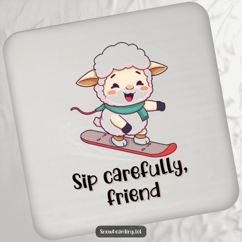 Funny giggling sheep awkwardly steering a snowboard, designed as a protective and humorous drink coaster.