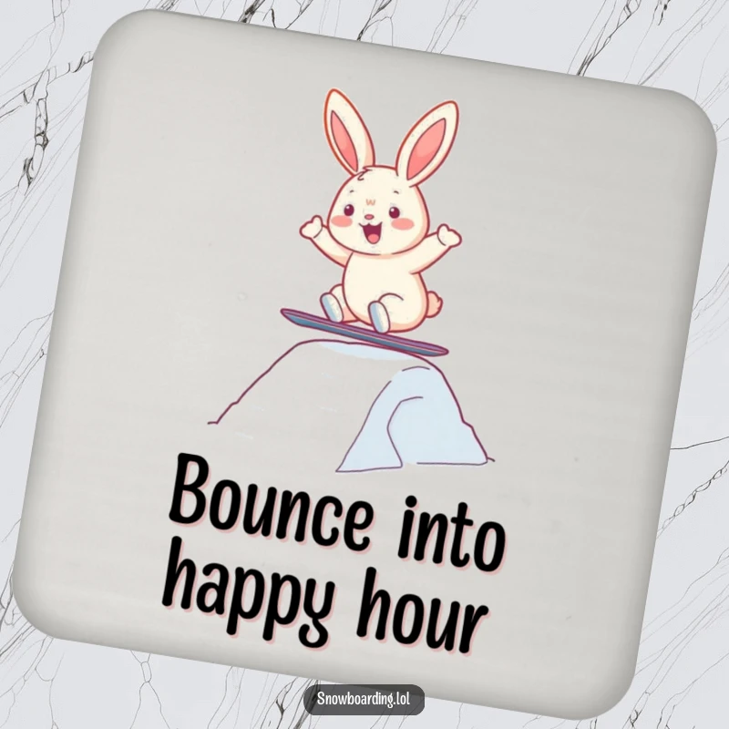 Funny drink coasters featuring a cheerful bunny snowboarding and jumping, providing protection with a humorous winter theme.