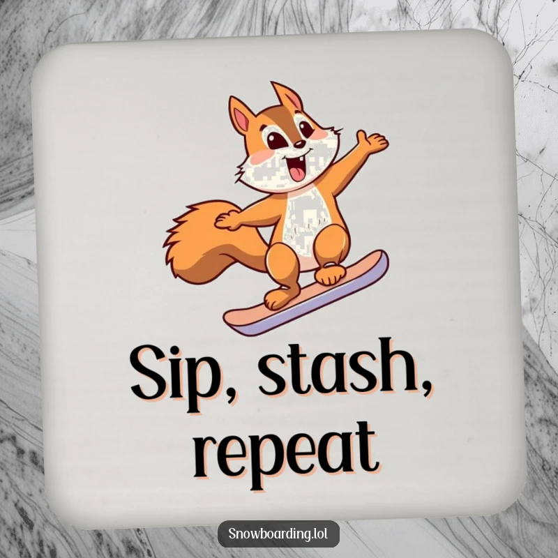 Funny squirrel snowboard drink coaster featuring a squirrel jumping, protecting surfaces with woodland humor.