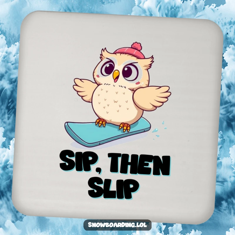 Funny drink coasters set with startled owls tumbling off snowboards, offering humorous protection for tables, a quirky gift.