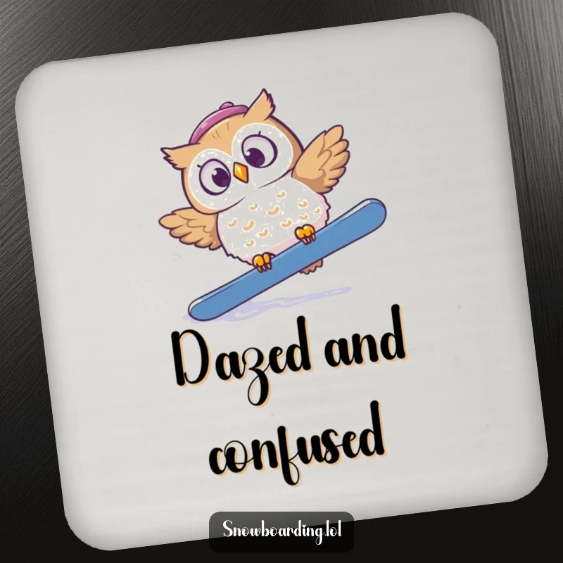 Funny drink coaster with a startled owl tumbling off a snowboard, looking comically surprised and wide-eyed.