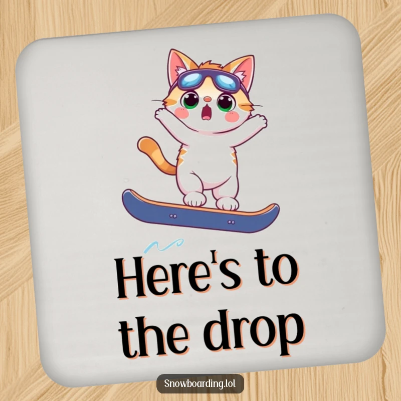 Funny surprised cat mid-air on a snowboard, a comical coaster design to protect surfaces from drink rings with humor.