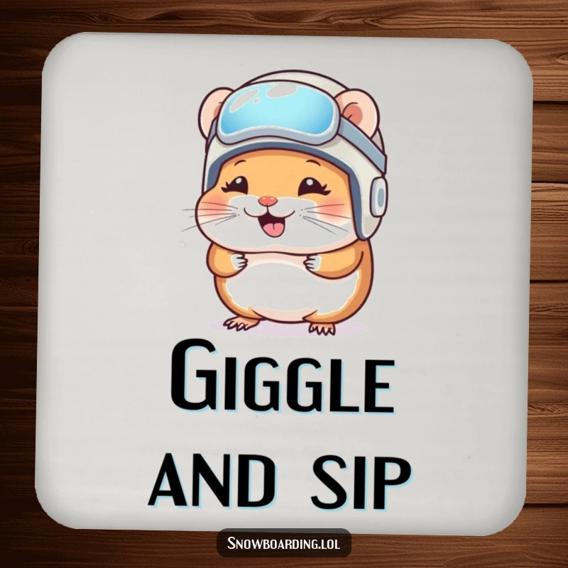 Funny Drink Coasters: A giggling hamster wears a snowboard helmet, protecting tables with cute winter sports humor.