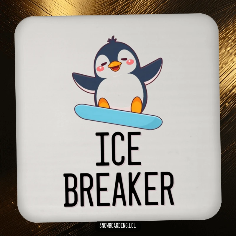 Funny penguin snowboarding coaster, a silly penguin flailing its arms while attempting a snowboard spin, guarding your drink.