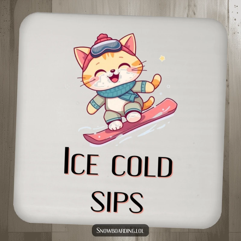 Funny snowboarding cat coaster, a happy cat poised on a snowboard, ready to add a touch of humor to any drink.