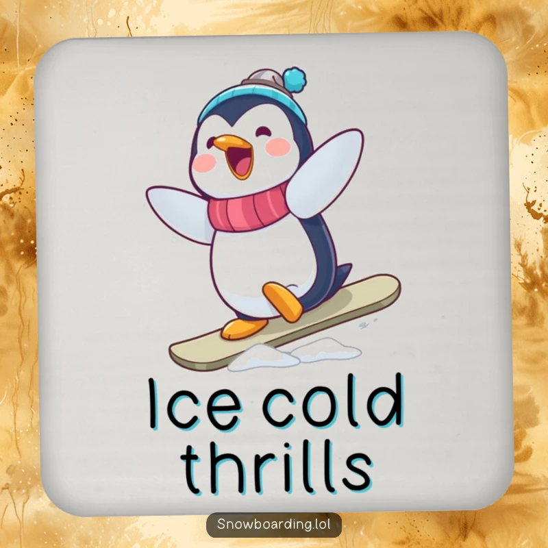 Funny Penguin Snowboarder Coaster: A delighted penguin performing a wobbly, funny snowboard trick to protect your surfaces.