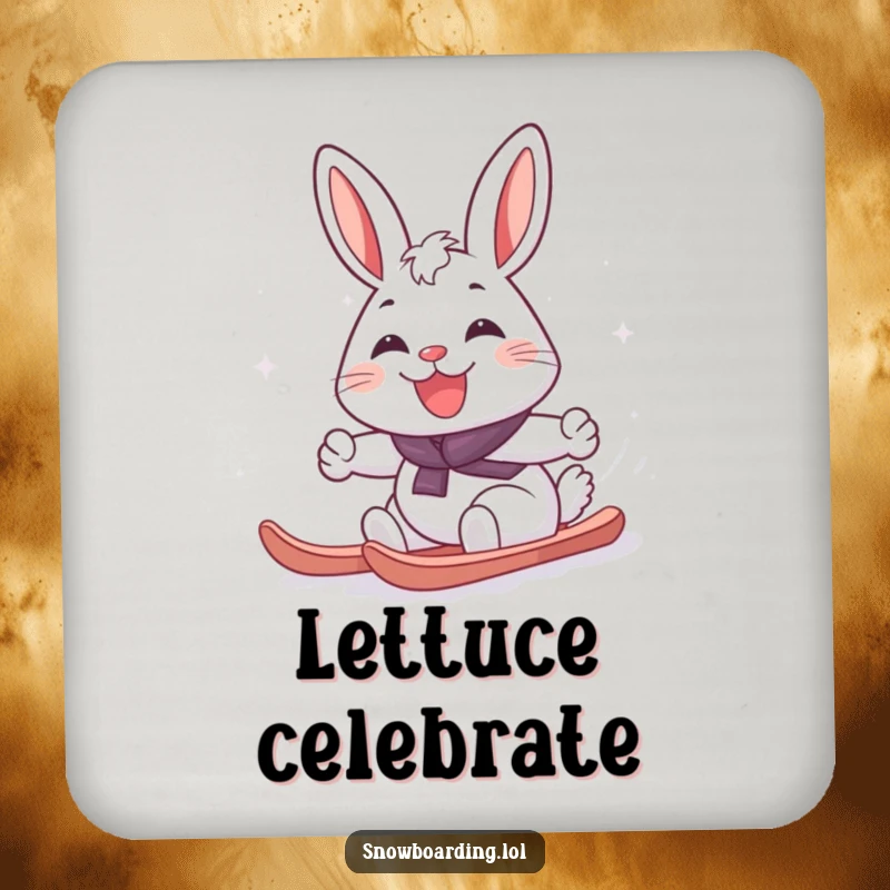 Funny cheerful rabbit carving a snowboard turn with a wide smile, a humorous coaster design for joyful surface protection.
