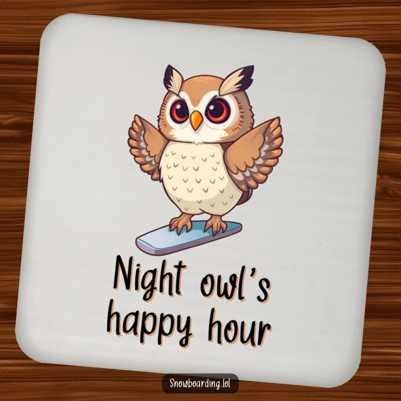 Funny Drink Coaster featuring a proud owl striking a pose on a snowboard, bringing cool winter humor and charm to any surface.