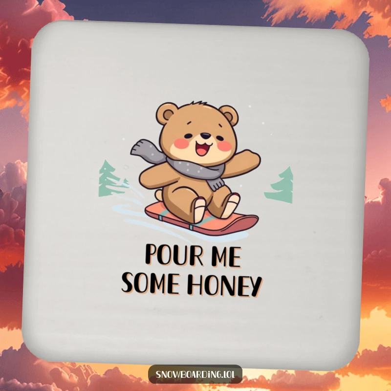 Funny drink coasters featuring a bear snowboarding, providing protection with a humorous winter sports theme.