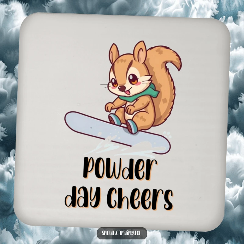 Funny drink coaster featuring a determined squirrel snowboarding and performing a trick, a cartoon character adding playful winter protection.
