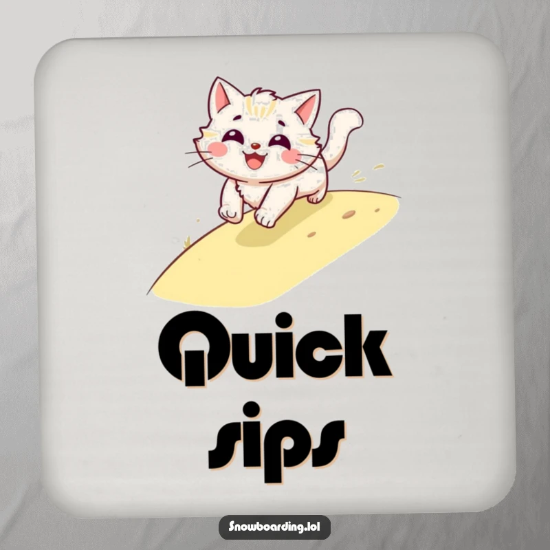 Funny cat coaster, a smiling blur of fur speeding downhill, protecting surfaces with feline speed and humor.