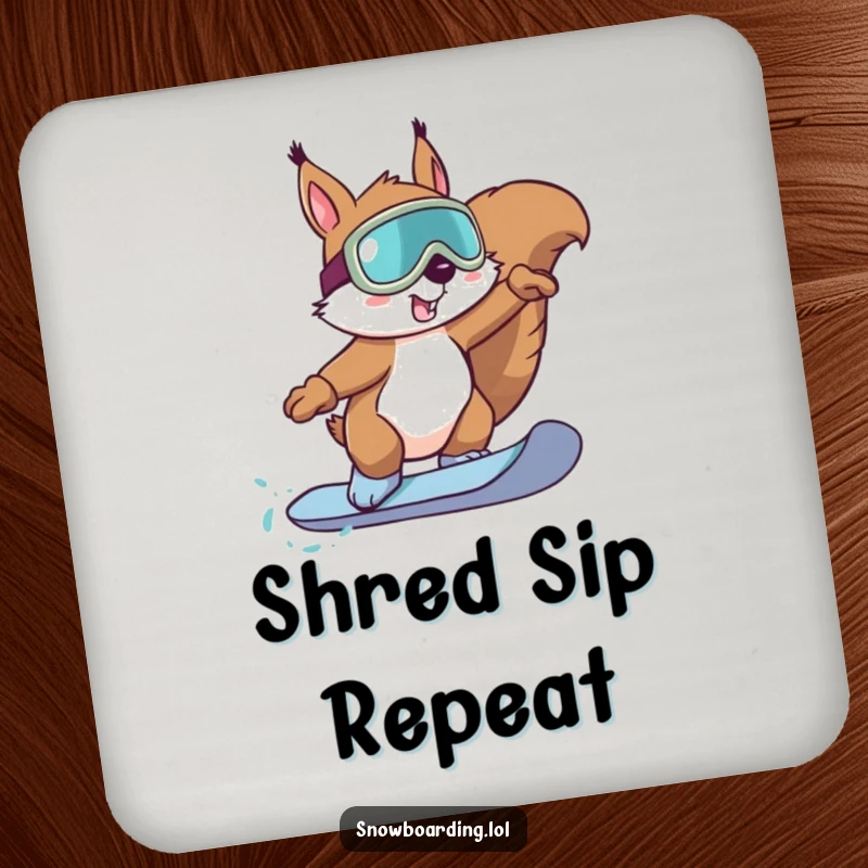 Funny Squirrel Snowboard Coaster: A determined squirrel with goggles performs a snowboard trick, perfect for drink protection.