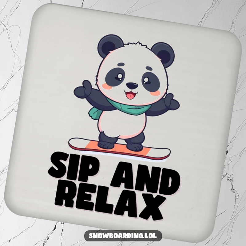 Funny drink coasters featuring a determined panda balancing on a snowboard, providing protection with a humorous theme.