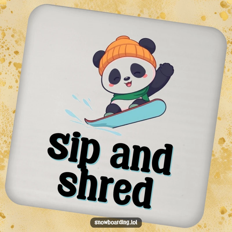 Funny panda snowboard drink coaster featuring a panda mid-flip, protecting surfaces with a humorous winter sports touch.