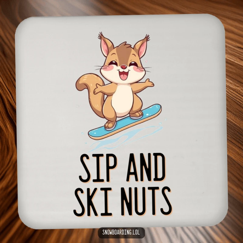 Funny Giggling Squirrel Snowboarder Coasters: A set of coasters featuring a giggling squirrel attempting a jump on a snowboard.