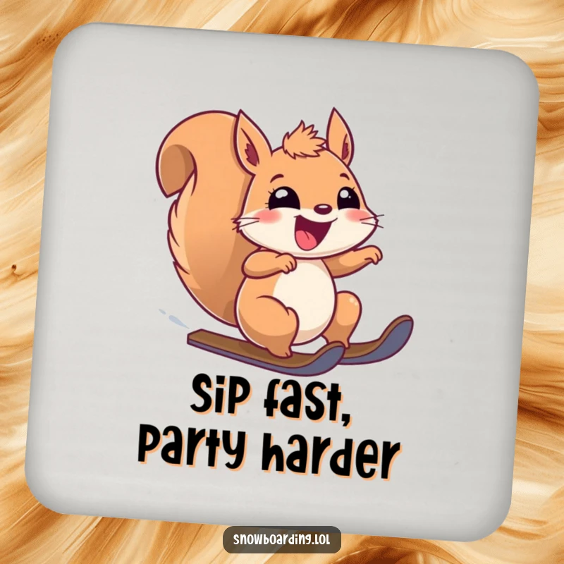 Funny drink coaster with a squirrel speeding downhill, looking extremely happy. Protects surfaces with style.