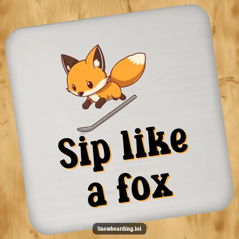 Funny drink coasters set featuring a determined fox snowboarding swiftly down a slope, offering sleek and humorous table protection, a stylish gift.