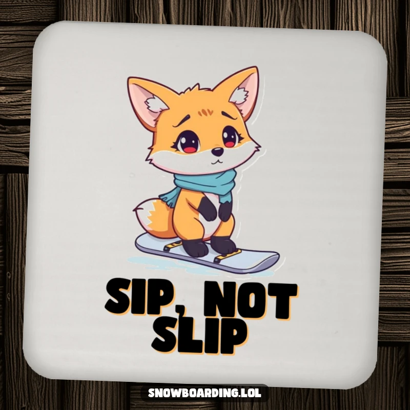 Funny drink coaster with a confused fox trying to stand on a snowboard, protecting surfaces with humor.