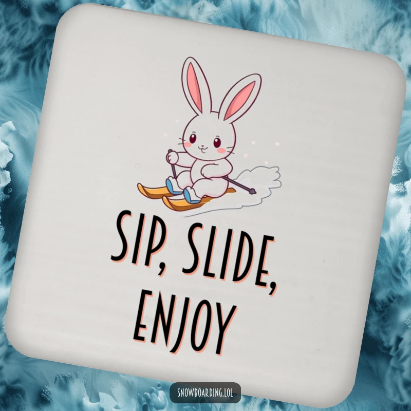 Funny drink coasters featuring a cheerful bunny carving down a snowy slope on a snowboard, adding humorous protection to any table.